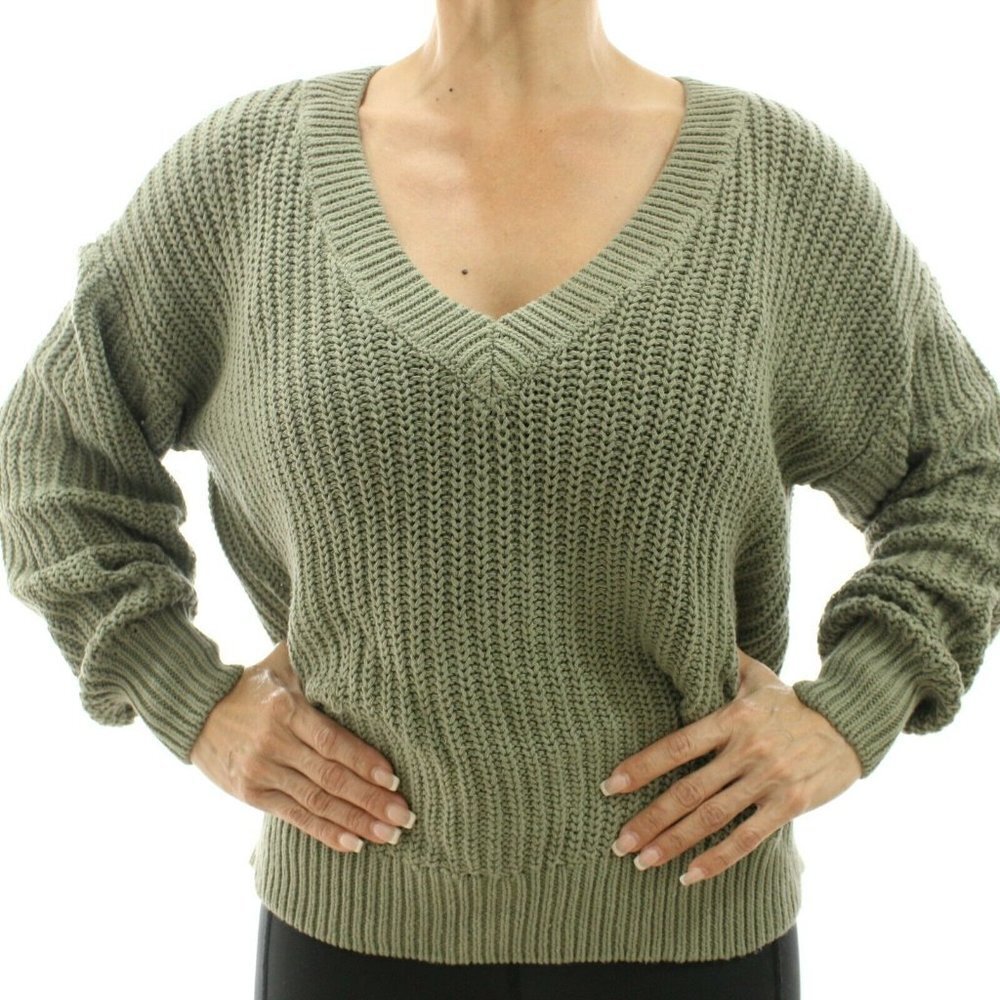 PINK Heavy Knit Olive V-Neck Sweater, L